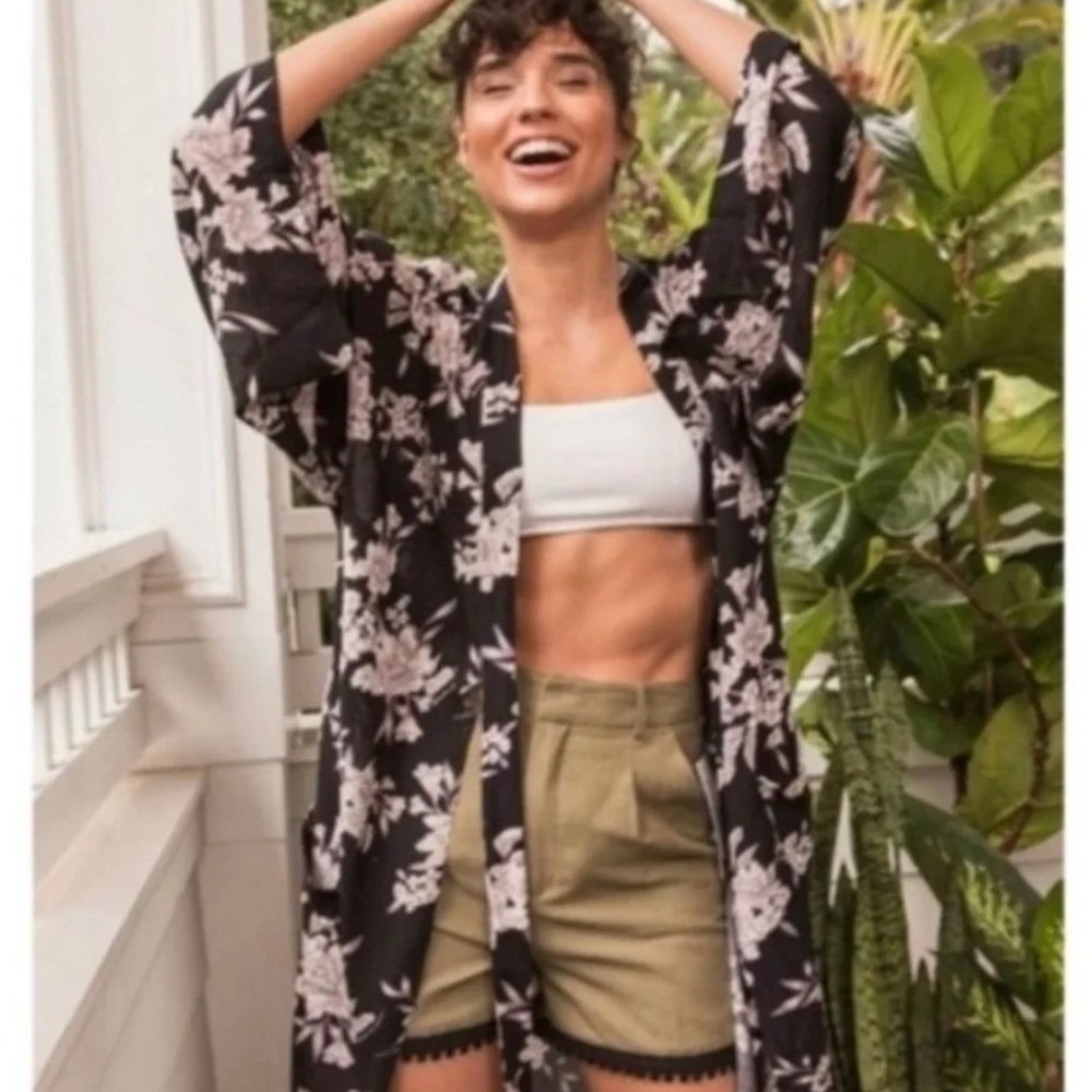 Spiritual Gangster Maya Black Floral Kimono One Size Boho Beach Festival Summer